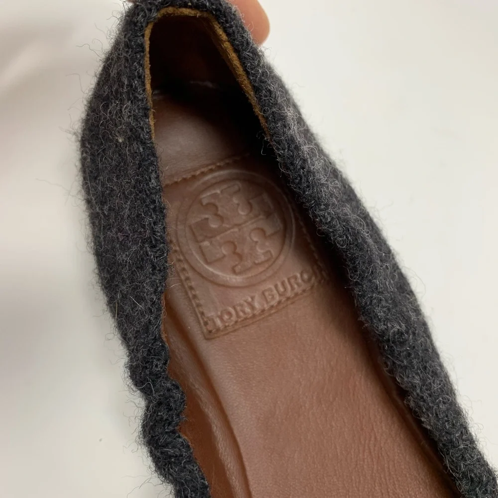 Tory Burch Brown Leather & Charcoal Wool Logo Ballet Flats